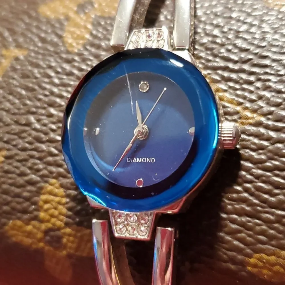 Silvertone &‎ Cobalt Blue Diamond Face Silvertone Band Ladies Watch